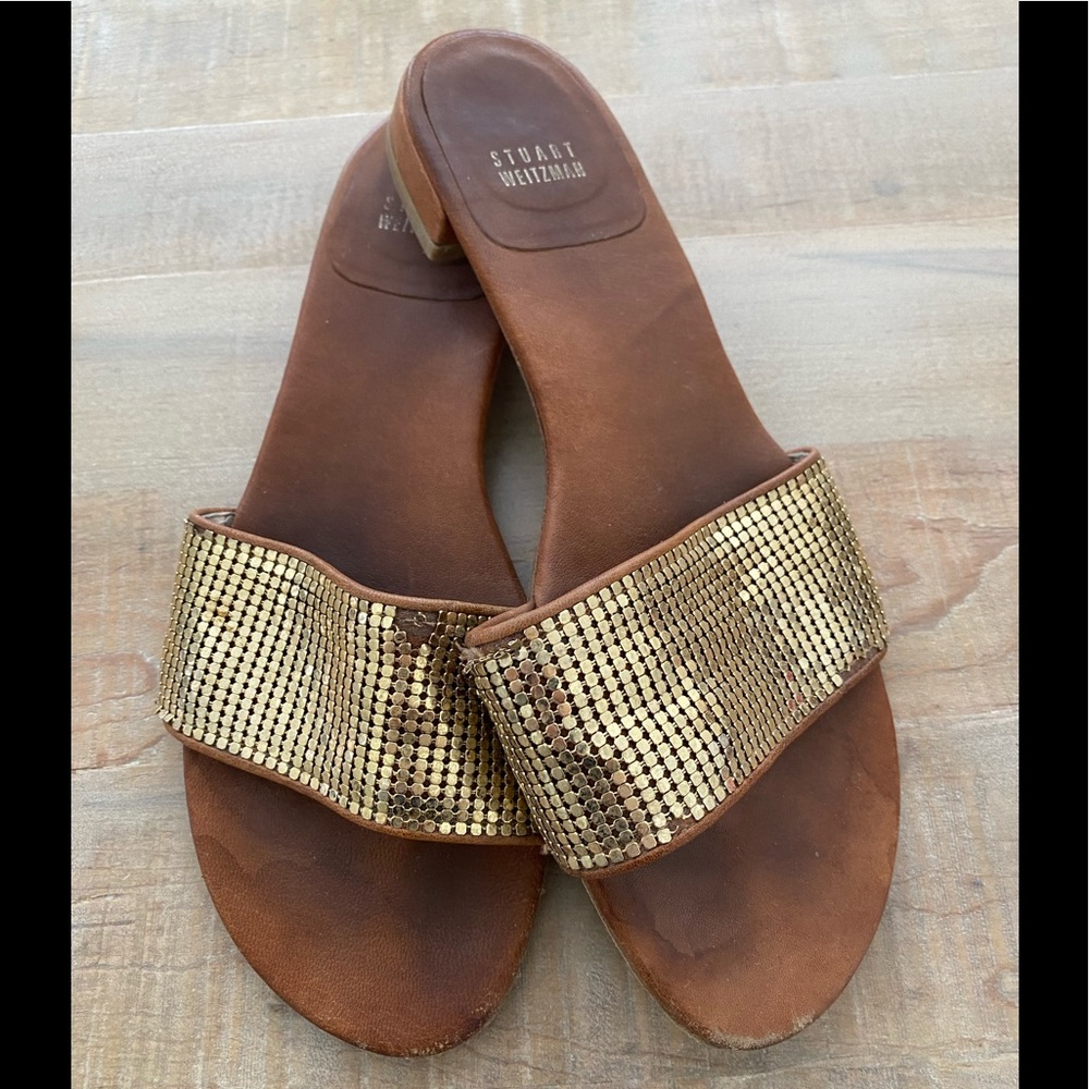 Stuart Weitzman gold sequins leather slides sandal shoes